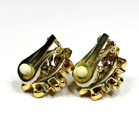 1960s-70s Gold-Tone Floral Rhinestone Clip-On Earrings Statement Jewelry - Picture 6 of 6